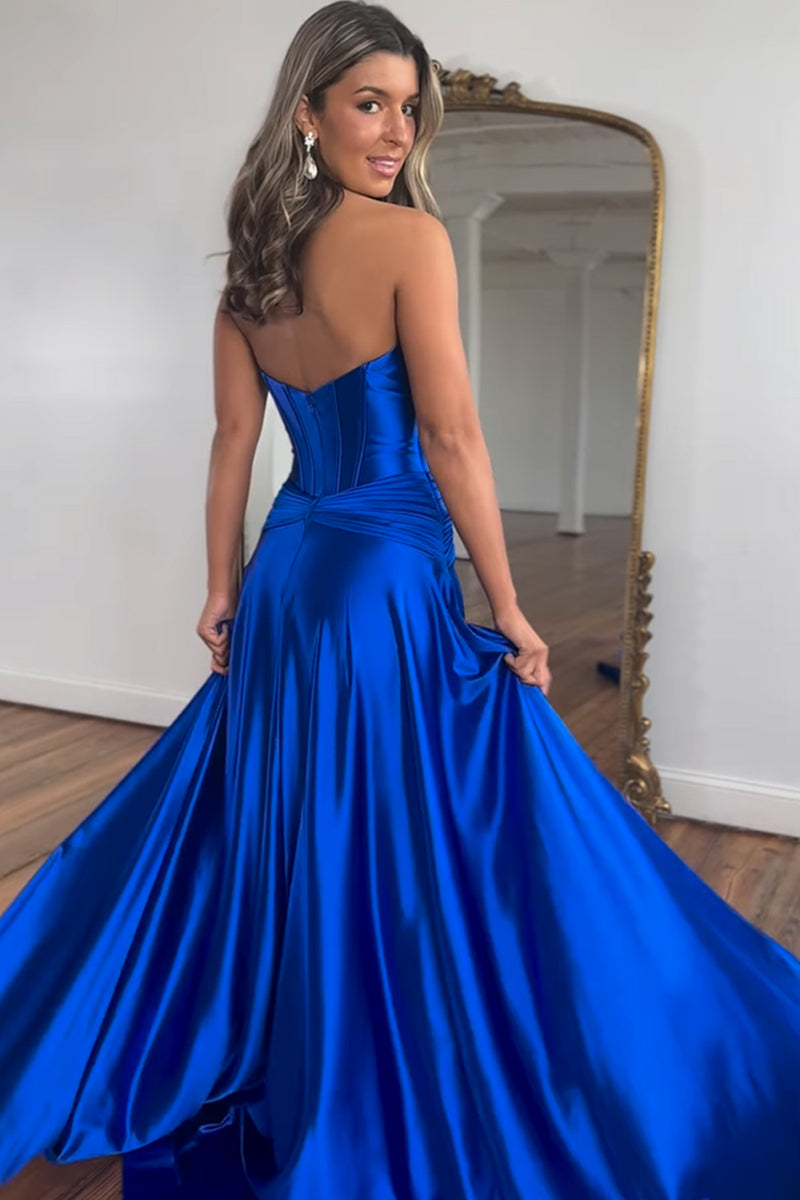 Queendancer Women Satin Royal Blue Corset Prom Dress with Slit