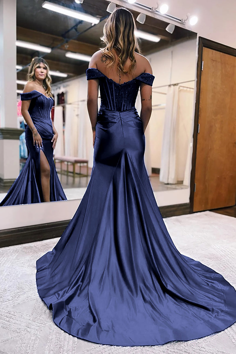 “Dusty Blue” formal dress, off-the-shoulder with hot slit