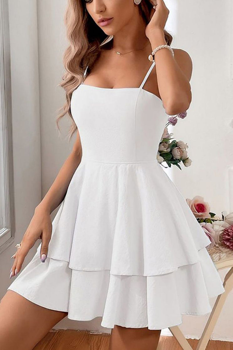 QUEENDANCER Women Simple Little White Dress A line Spaghetti Straps Graduation Dress with Tier queendanceruk