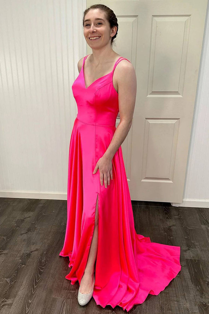 Queendancer Women Hot Pink Prom Dress With Slit A Line Sleeveless