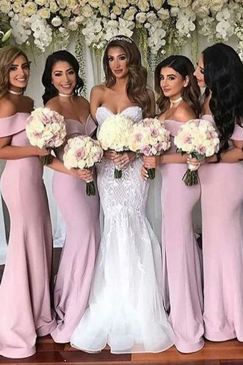 Queendancer Women Mermaid Light Pink Long Bridesmaid Dress Off The Shoulder Wedding Guest Dress queendanceruk