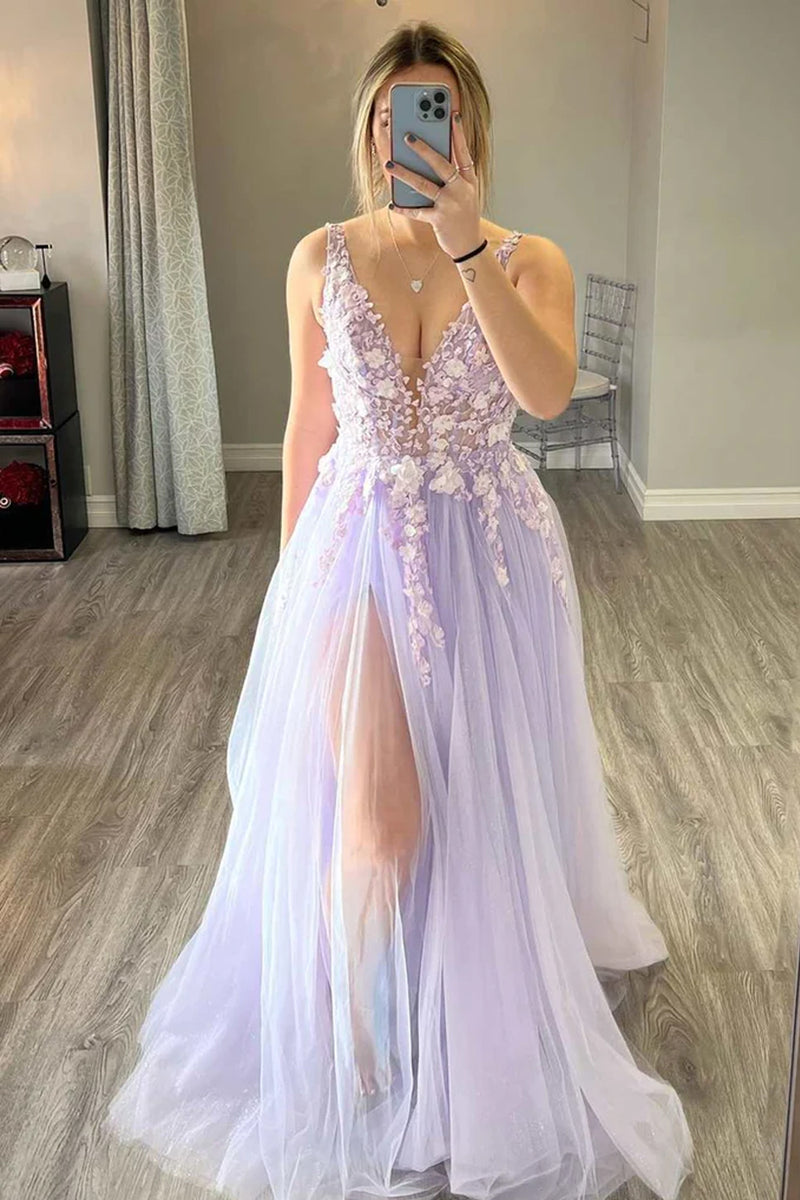 Queendancer Women Princess Light Purple Long Prom Dress with Slit V Neck Tulle Party Dress with Appliques queendanceruk