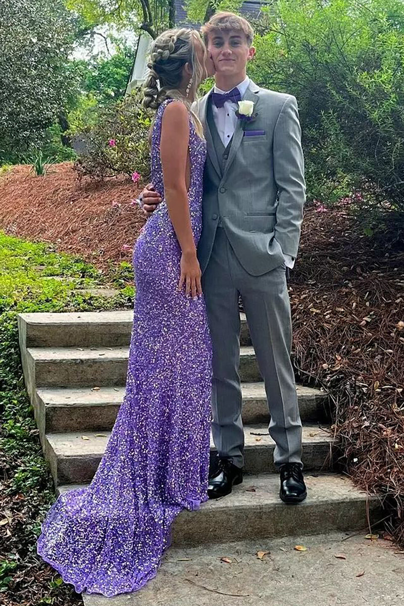 Purple sequin prom dress best sale