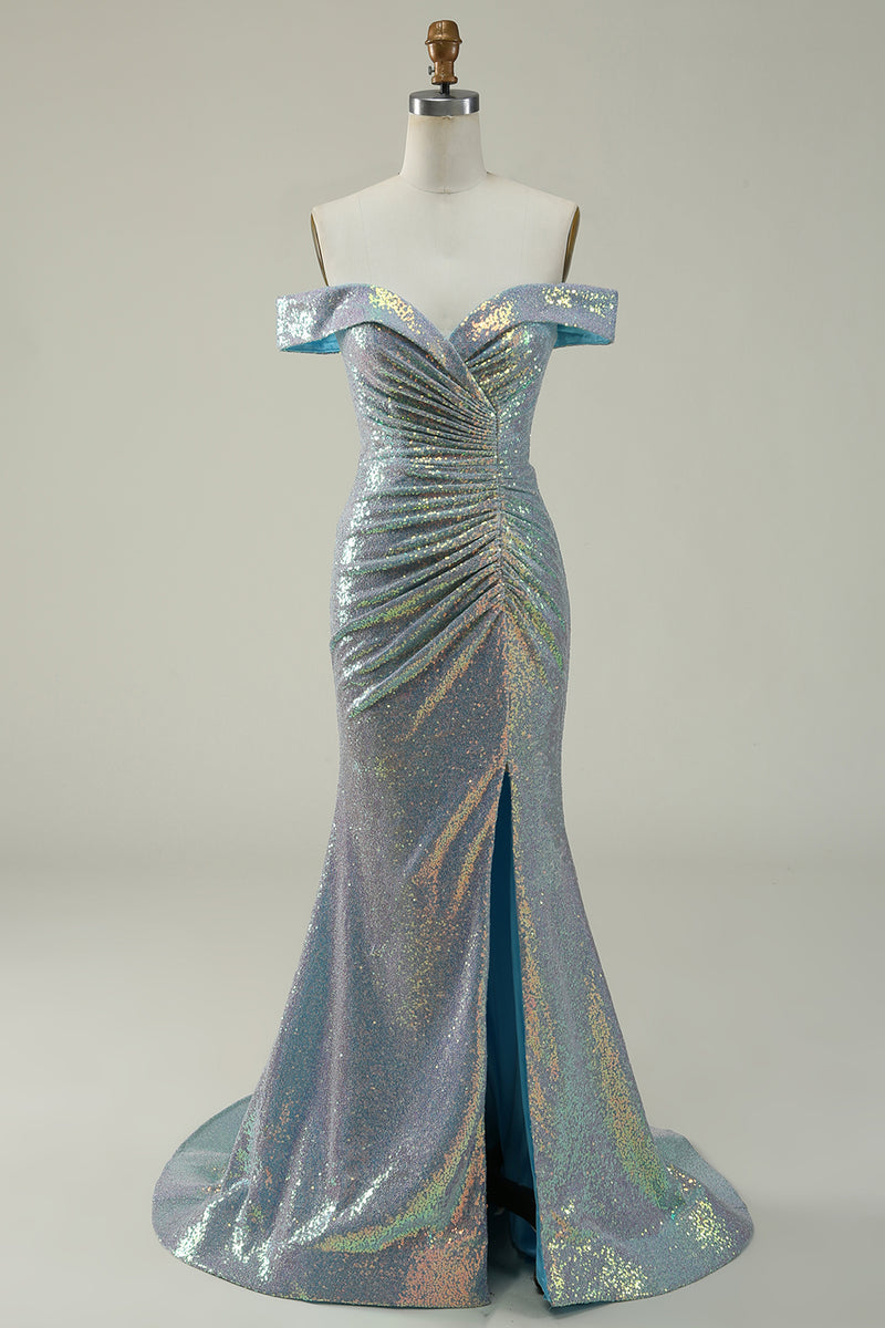 Queendancer Women Sparkly Royal Blue Long Prom Dress Corset Off The  Shoulder Mermaid Party Dress with Slit – queendanceruk