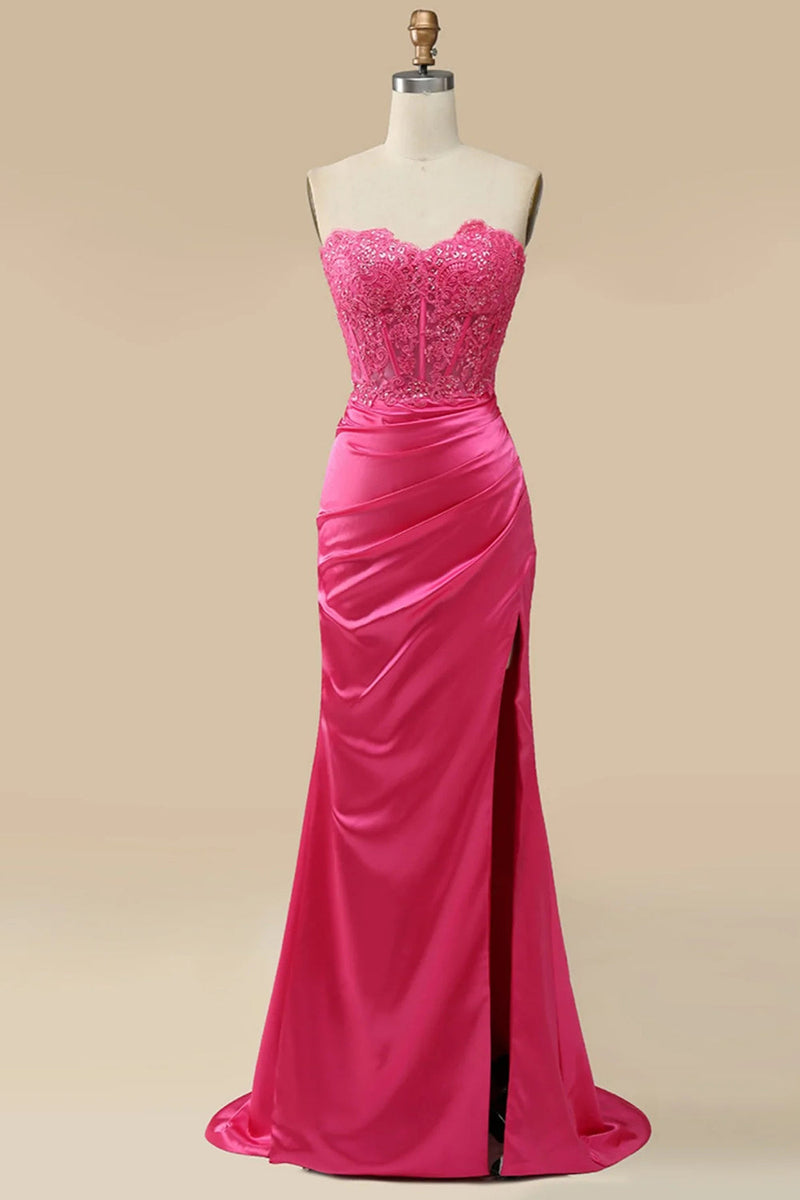 Queendancer Women Sparkly Hot Pink Corset Long Prom Dress with Slit Mermaid  Sweetheart Party Dress – queendanceruk