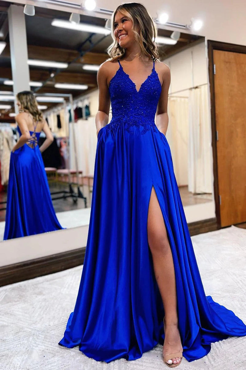 Queendancer Women Royal Blue Satin A Line Appliques Prom Dress with Slit queendanceruk