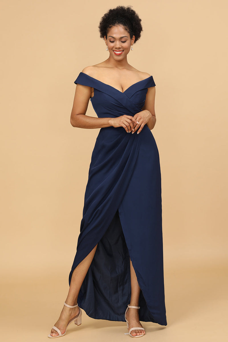 Navy off the shoulder bridesmaid dress sale