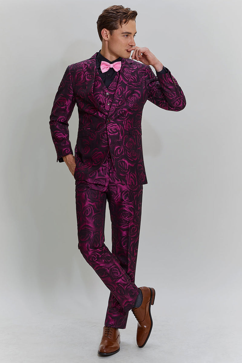 Queendancer Men s Homecoming Dress Fuchsia Floral Jacquard 3 Piece Prom Suits queendanceruk