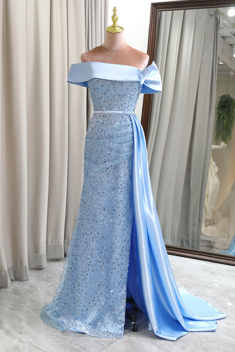 Queendancer Women Light Blue Long Prom Dress Glitter Corset Formal Dress  With Slit – queendanceruk