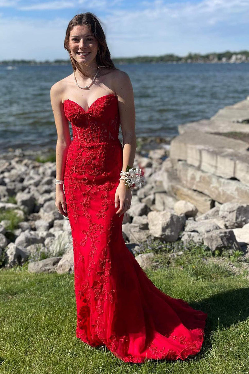 Queendancer Women Red Mermaid Long Prom Dress with Appliques