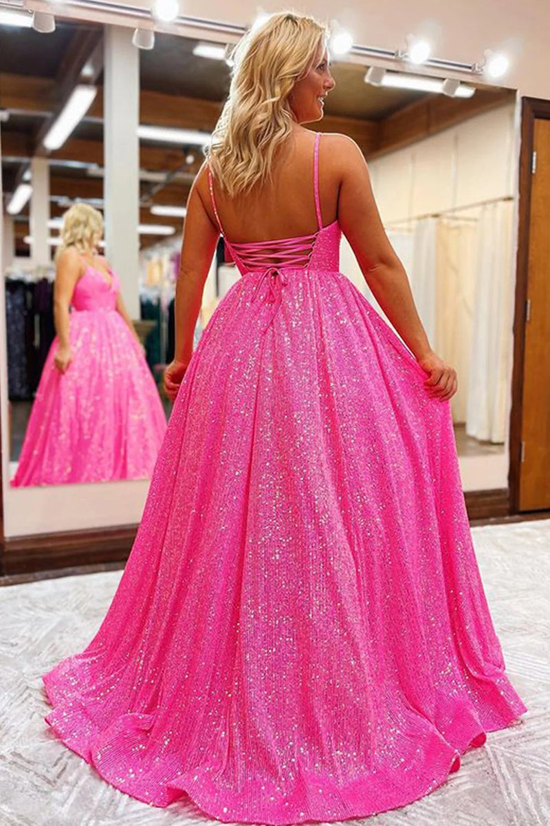 Queendancer Women Sparkly Hot Pink Corset Long Prom Dress with
