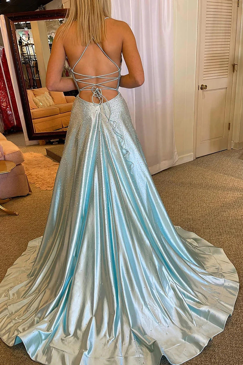 Queendancer Women Sparkly Light Blue Long Prom Dress with Pockets Spaghetti  Straps Backless Party Dress with Slit – queendanceruk