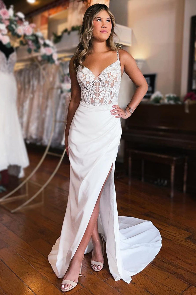 White spaghetti strap wedding hot sale dress