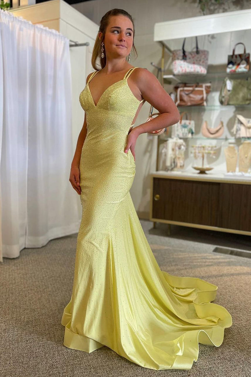 Queendancer Women Light Yellow Long Corset Prom Dress A-Line Spaghetti  Straps Formal Dress with Appliques – queendanceruk