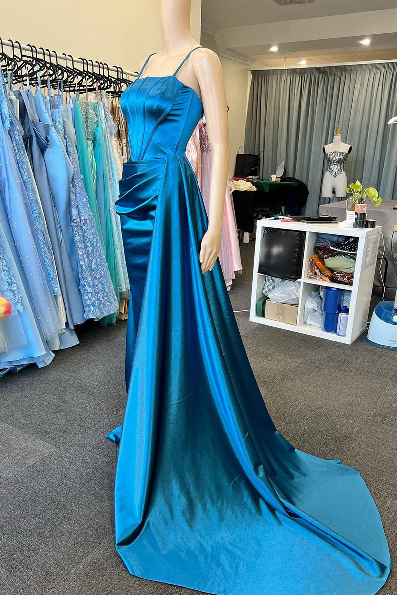 Queendancer Women Satin Royal Blue Corset Prom Dress with Slit Spaghetti  Straps Lace-Up Back Formal Dress – queendanceruk