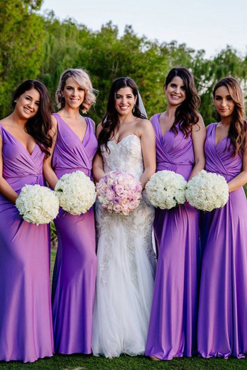 Queendancer Women Purple Long Bridesmaid Dress Deep V Neck Sleeveless Wedding Guest Dress queendanceruk