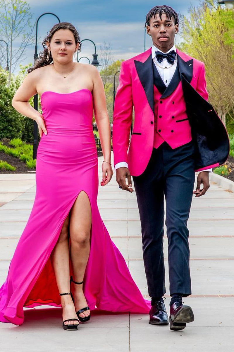 Queendancer Hot Pink Prom Tuxedo Peak Lapel 3 Piece One Button Men s Prom Suits queendanceruk