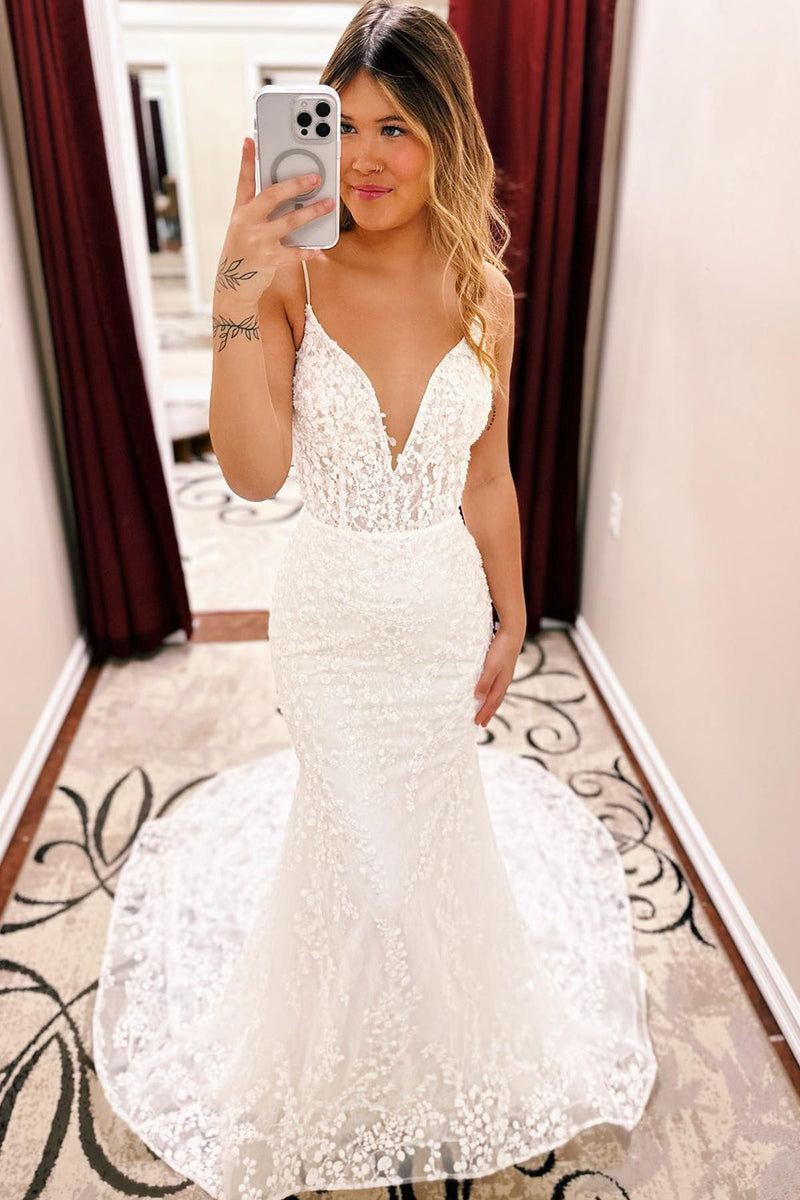 Queendancer Women Ivory Boho Lace Mermaid Wedding Dress Spaghetti