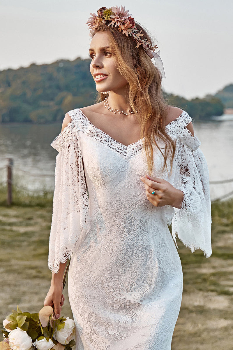 Queendancer Women Boho Wedding Dress Ivory Lace Mermaid Cape Sleeve Cold Shoulder Beach Bridal Dress queendanceruk