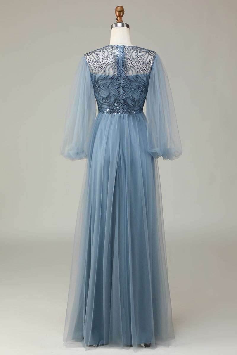 Light blue long shop sleeve bridesmaid dress