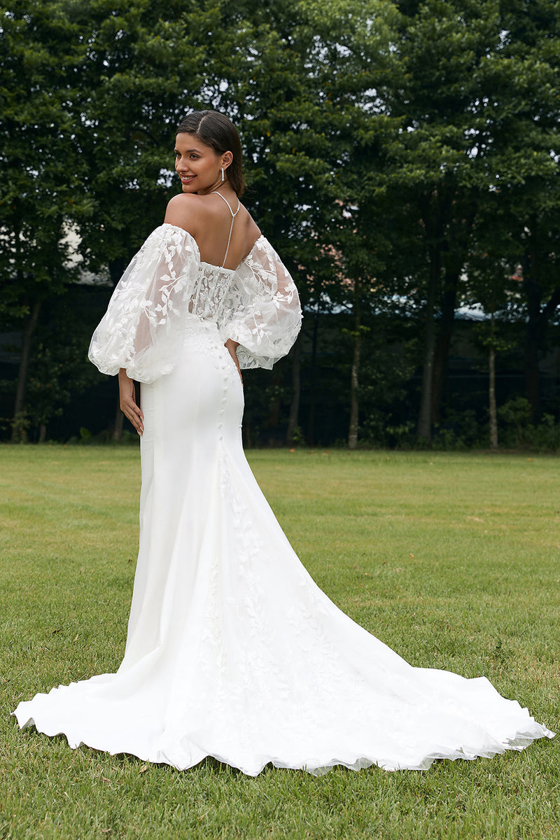 Off white long hot sale sleeve wedding dresses