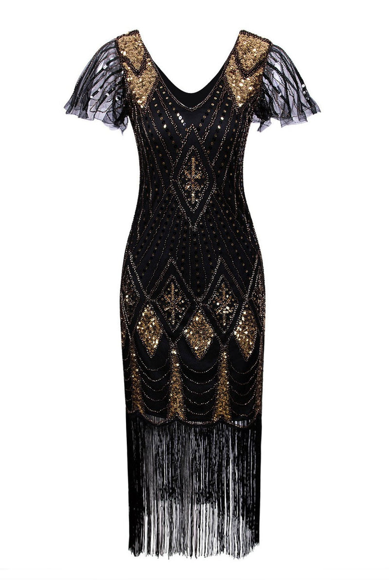 Queendancer Women 1920s Dress Black and Gold Sequin Short Sleeves Gatsby Dress with Fringe queendanceruk