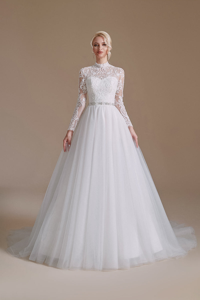 Long sleeve high neck deals wedding dress