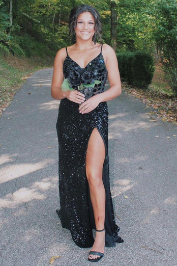 Glitter Black Mermaid Long Mirror Prom Dress With Slit