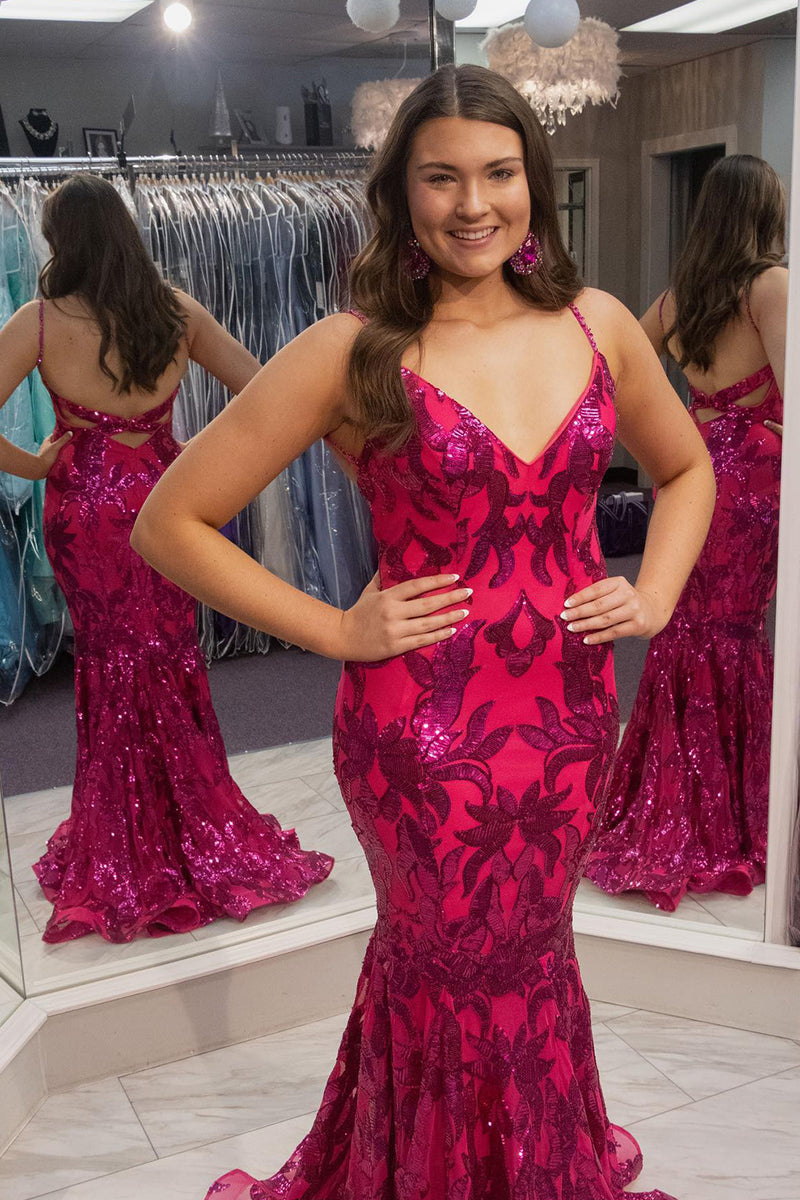 Load image into Gallery viewer, Hot Pink Mermaid V Neck Backless Long Prom Dress With Appliques