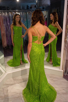 Sparkly Green Sequins Mermaid One Shoulder Long Prom Dress With Slit