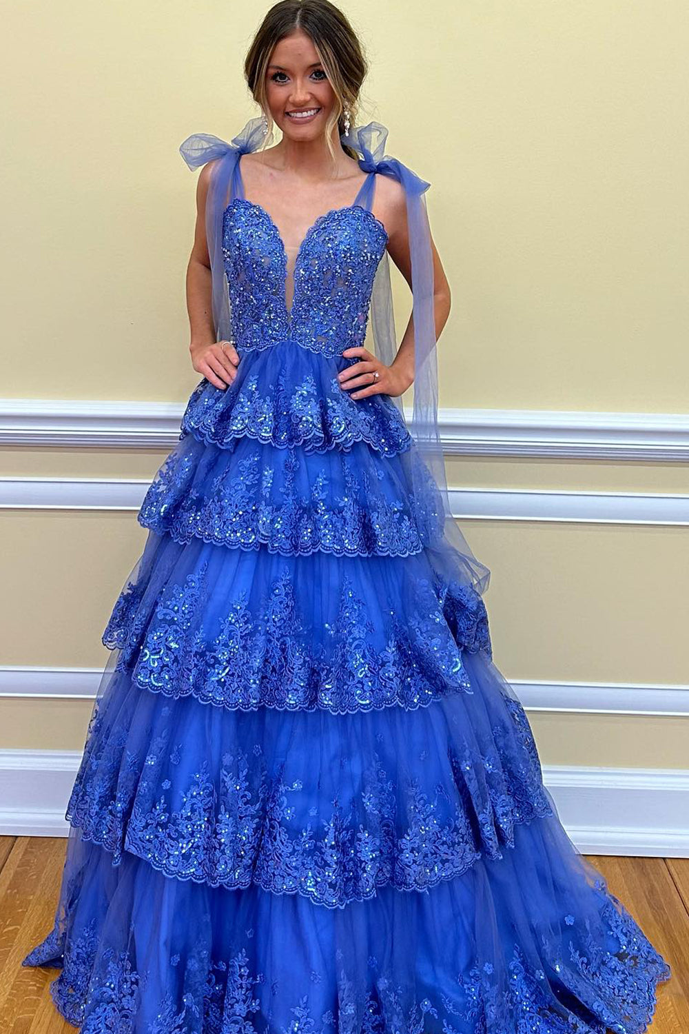 Dark Blue Sweetheart Bow Tie Straps Tiered Tulle Sequin Prom Dress with Appliques