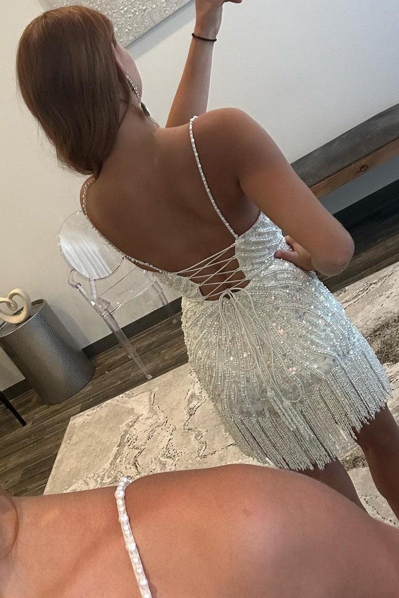 Load image into Gallery viewer, Sparkly White Beaded Tight Short Party Dress with Fringes