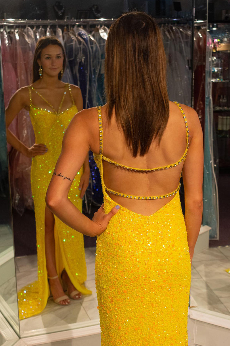 Load image into Gallery viewer, Sparkly Yellow Sheath Long Prom Dress With Slit