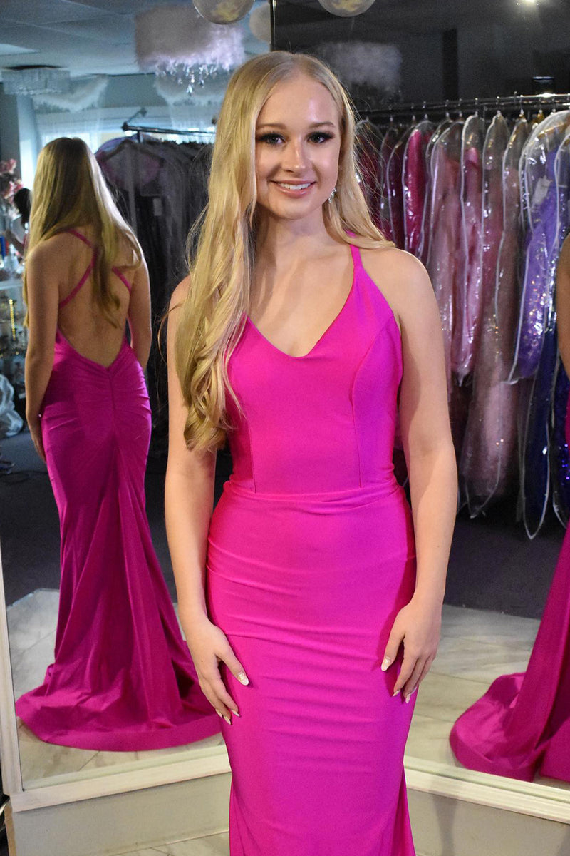 Load image into Gallery viewer, Fuchsia Mermaid V Neck Long Prom Dress