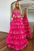 Load image into Gallery viewer, Glitter Hot Pink Corset Off the Shoulder Lace Long Prom Dress