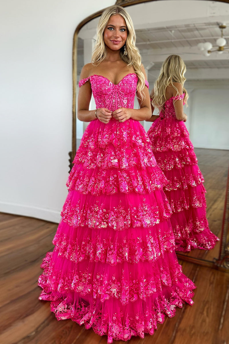 Load image into Gallery viewer, Glitter Hot Pink Corset Off the Shoulder Lace Long Prom Dress