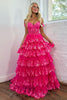 Load image into Gallery viewer, Glitter Hot Pink Corset Off the Shoulder Lace Long Prom Dress