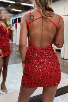 Sparkly Red Sequins Backless Tight Short Party Dress with Slit