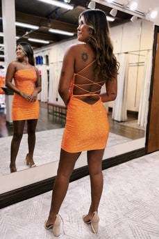 Sparkly Orange Beaded Bodycon One Shoulder Short Party Dress