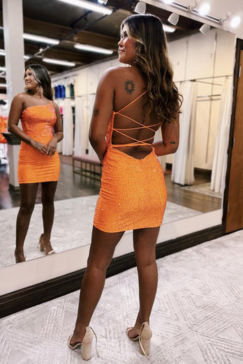 Sparkly Orange Beaded Bodycon One Shoulder Short Party Dress