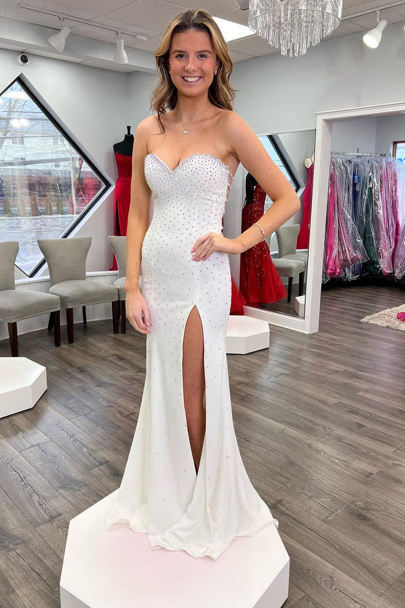 Load image into Gallery viewer, White Mermaid Sweetheart Long Prom Dress With Slit