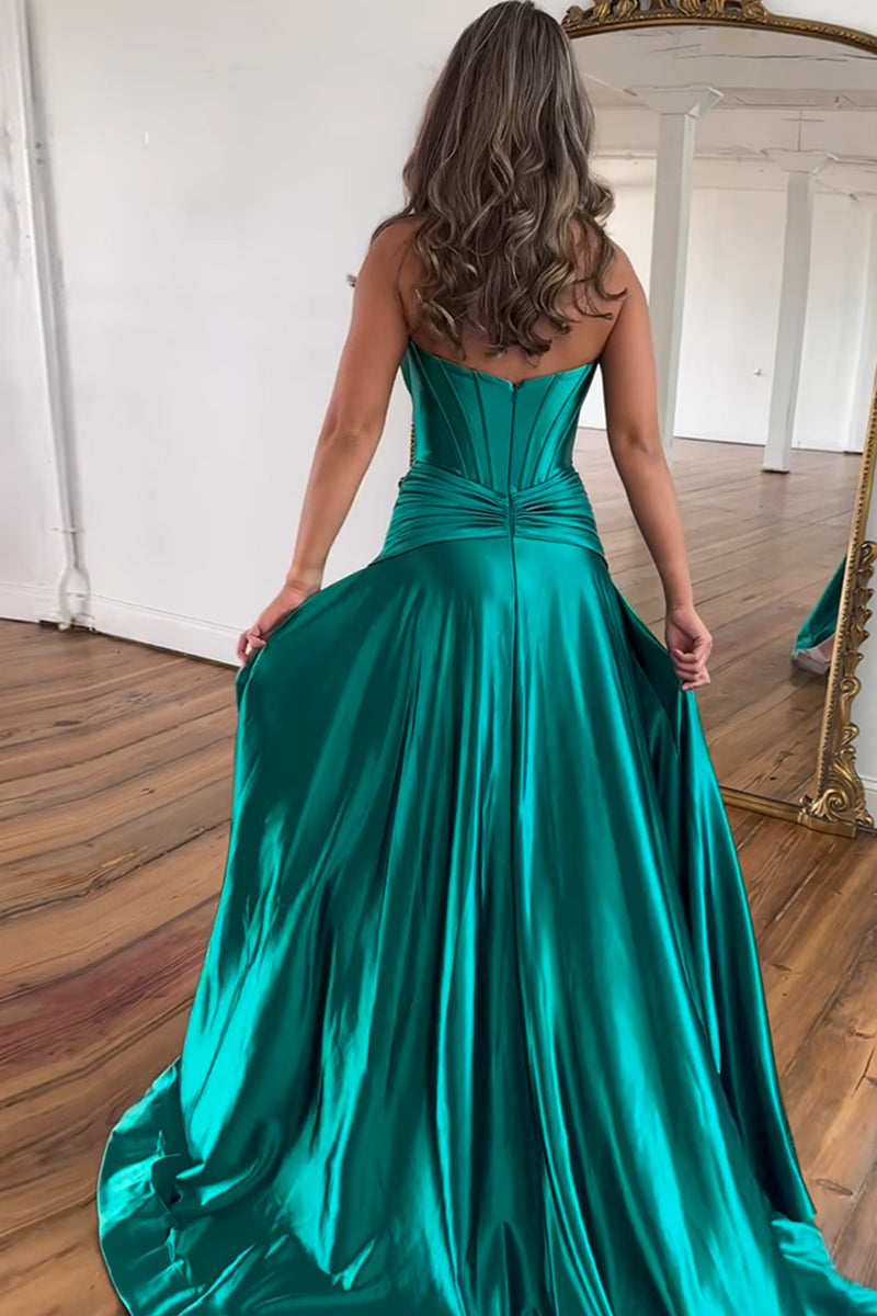 Load image into Gallery viewer, Dark Green Corset A-Line Satin Long Prom Dress with Slit