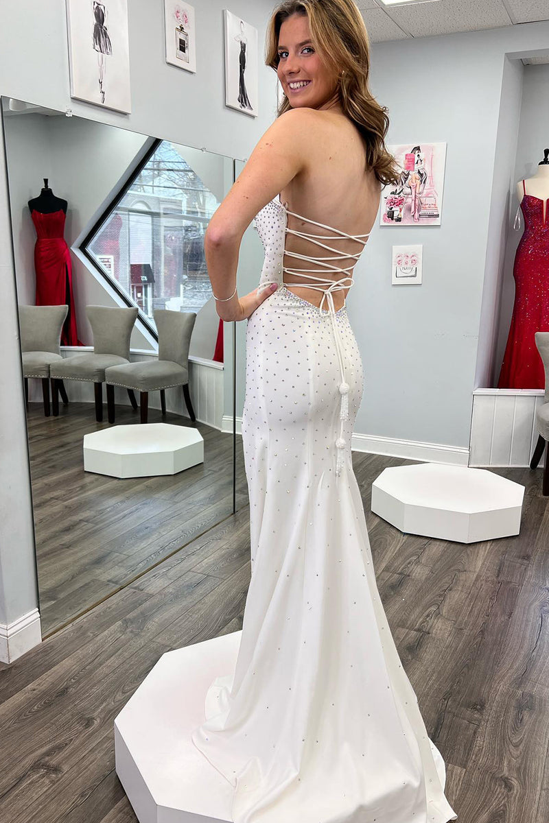 Load image into Gallery viewer, White Mermaid Sweetheart Long Prom Dress With Slit