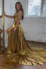 Load image into Gallery viewer, Sparkly Golden Cut Out Beaded A-Line Metallic Pleated Long Prom Dress with Slit