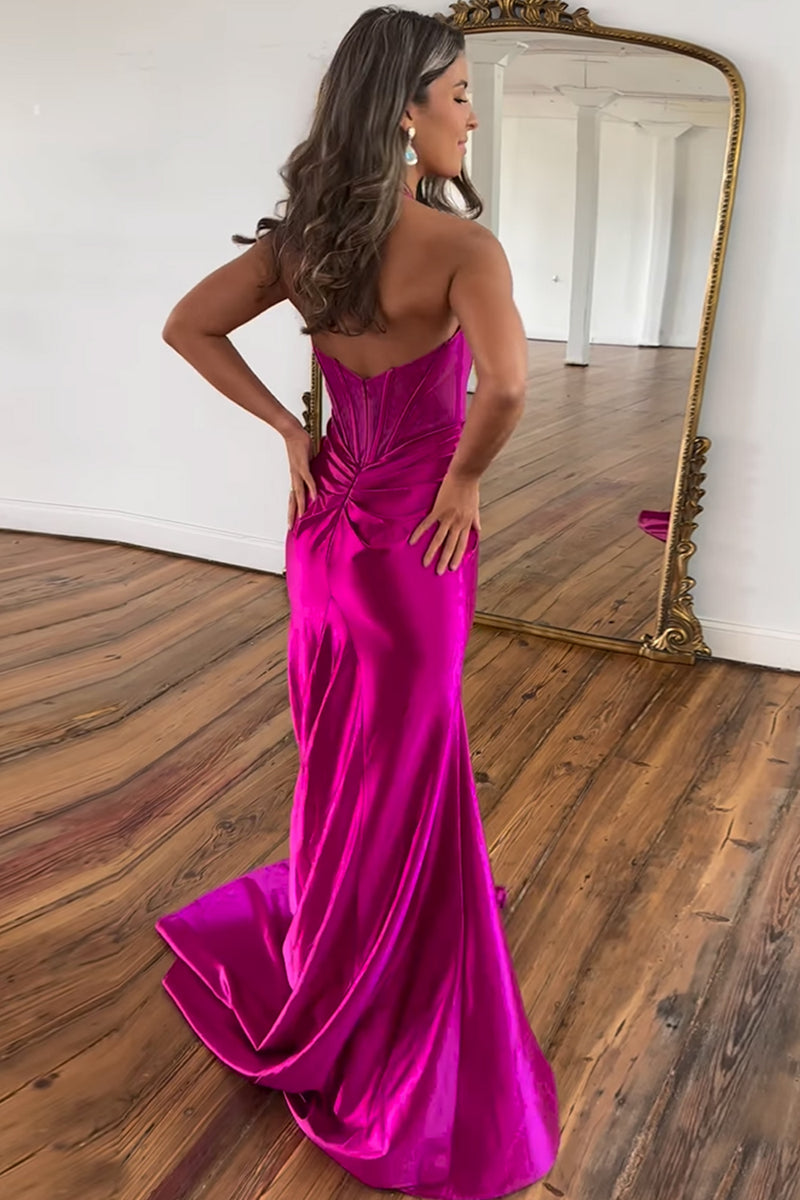 Load image into Gallery viewer, Hot Pink Mermaid Corset Long Satin Prom Dress with Slit