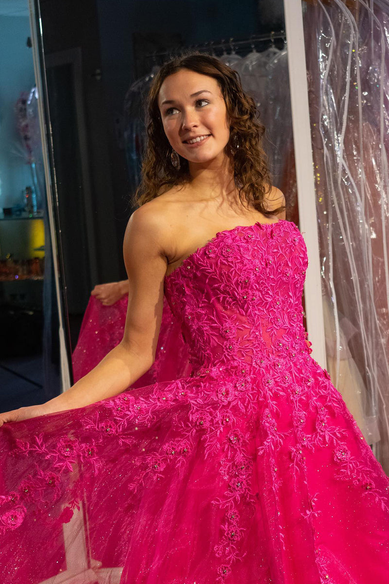 Load image into Gallery viewer, Fuchsia A Line Strapless Long Prom Dress With Embroidery