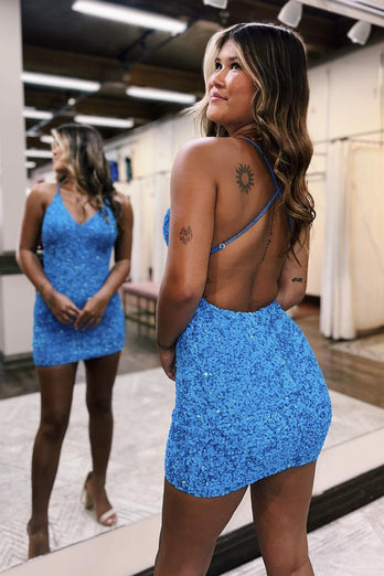 Sparkly Sky Blue Sequins Halter Bodycon Short Prom Dress