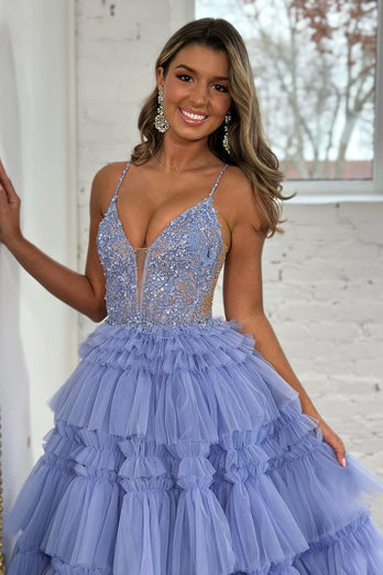 Sparkly Lilac Corset Beaded Long Tiered Prom Dress with Slit