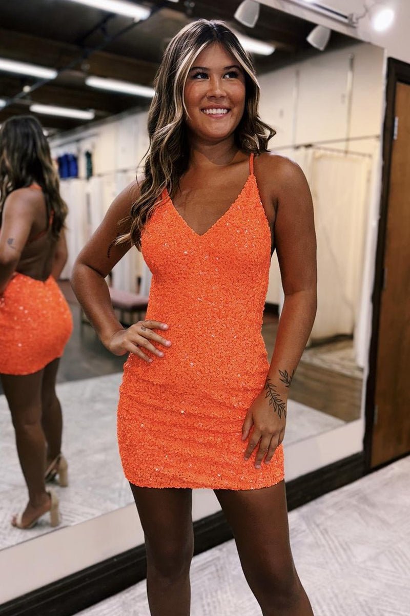 Load image into Gallery viewer, Sparkly Orange Sequins Halter Bodycon Short Prom Dress