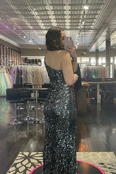 Sparkly Black One Shoulder Mermaid Long Prom Dress With Slit